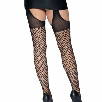 Opaque top oval net suspender tights by Leg Avenue — bold net texture with opaque waist band