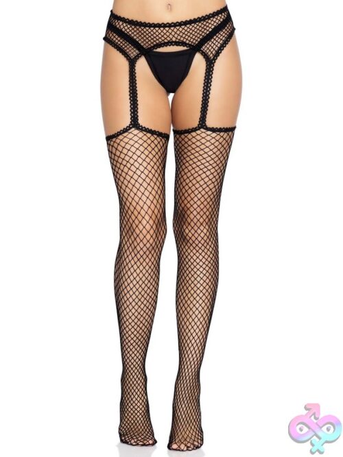 Industrial Net Stockings Scalloped Trimmed Attached Garter Belt