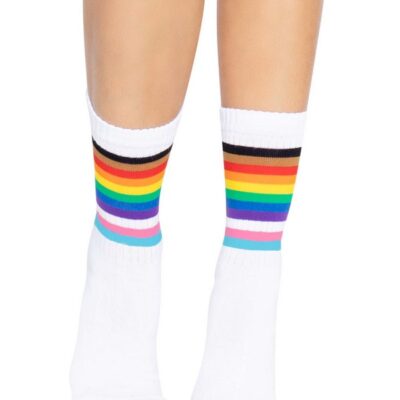 Pride Crew Socks by Leg Avenue — bold rainbow striped crew socks for her
