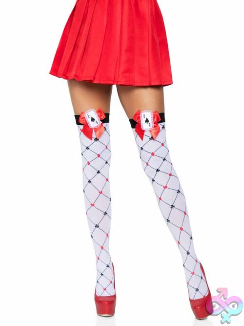 Woven Diamond Card Suit Thighs High Bow And Card Charm Applique