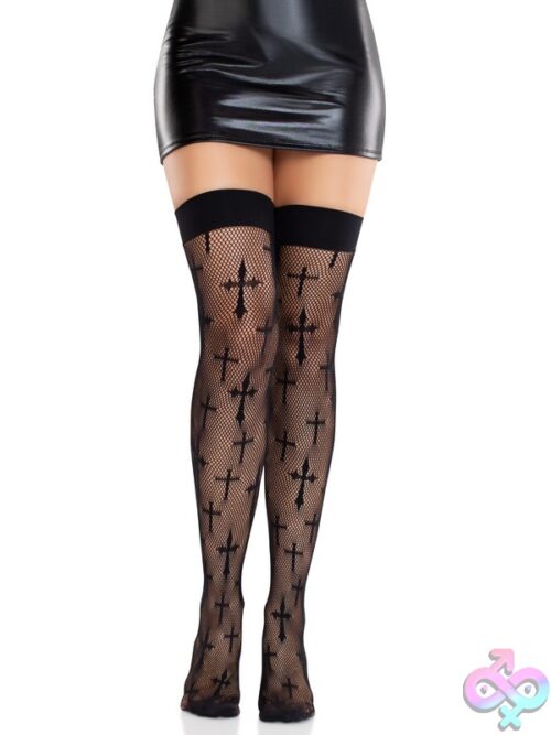 Worship Me Cross Net Thigh Highs