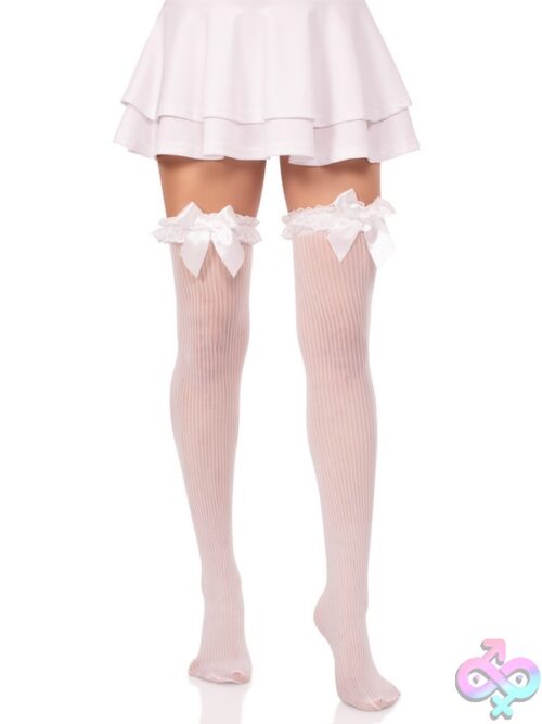 Lace Garter Sheer Striped Thigh Highs Satin Bow Accent