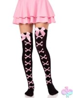 Opaque Cross Bone Thigh Highs Satin Bow Accent