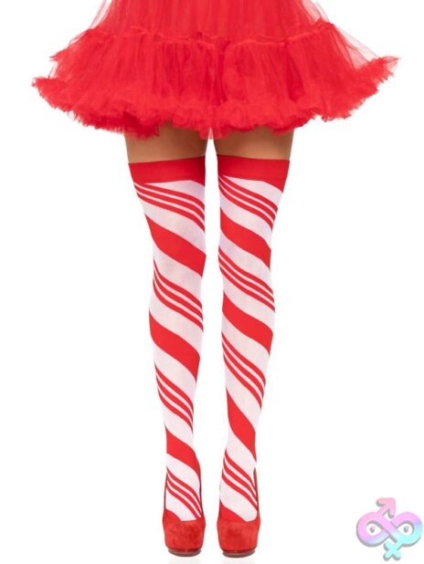 Sheer Candy Cane Striped Thigh Highs by Leg Avenue — spandex stockings from Discreet Toys