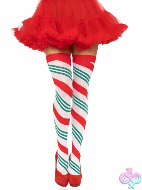 Holiday Ribbon Striped Thigh Highs by Leg Avenue — festive striped knit stockings with ribbon bow detail