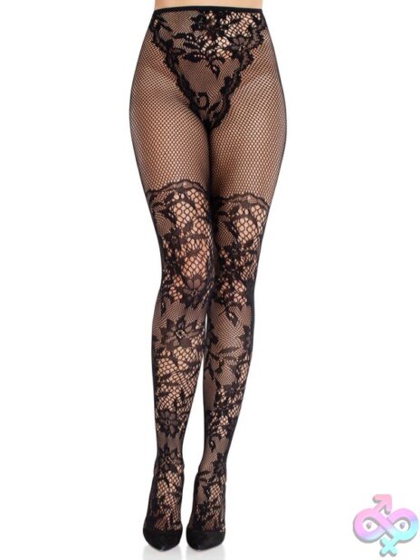 French Cut Dahlia Lace Tights Net Thigh Detail by Leg Avenue