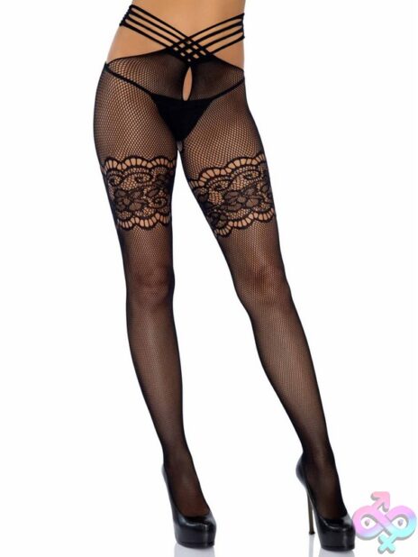 Lace Garter Detail Strappy Wrap Around Crotchless Fishnet Tights by Leg Avenue