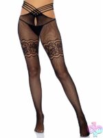Strappy Wrap Around Crotchless Fishnet Tights Lace Garter Detail