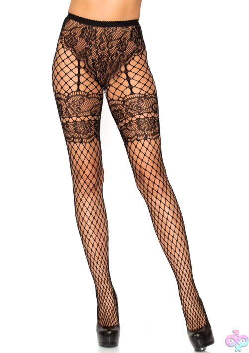 Lace French Cut Faux Garter Net Tights - One Size Black - Image 2