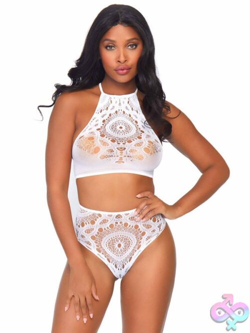 2 Piece Crochet Lace Halter Crop Top Strappy Back Detail And High Waist Thong Panties