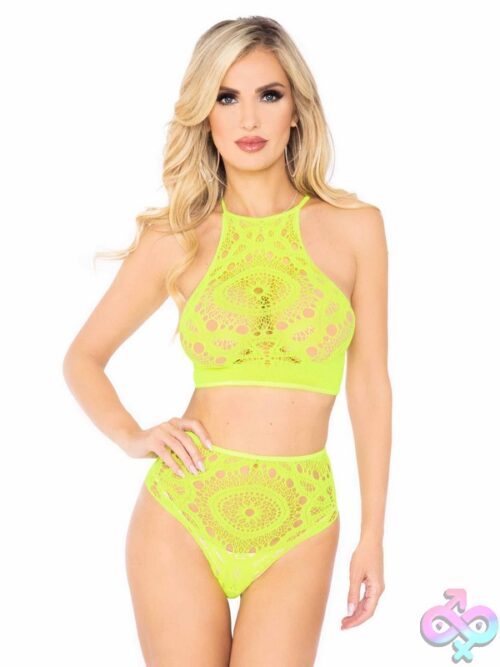 2 Piece Crochet Lace Halter Crop Top Strappy Back Detail And High Waist Thong Panties