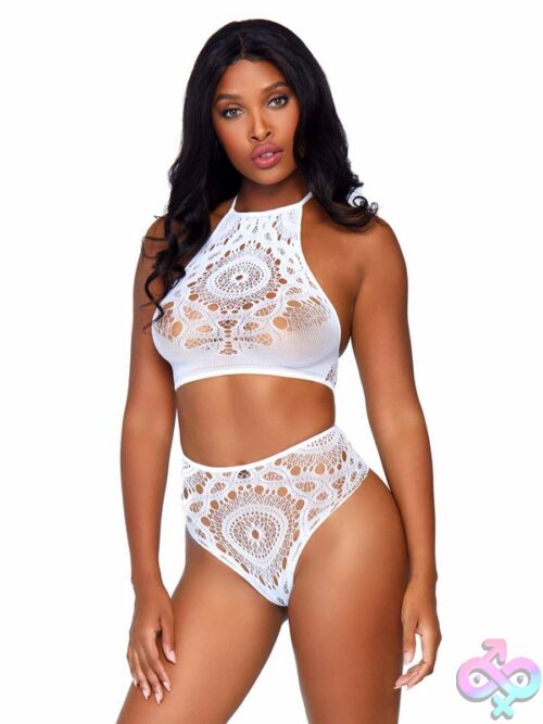 2 Piece Crochet Lace Halter Crop Top Strappy Back Detail And High Waist Thong Panties