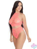 2 Piece Crochet Lace Halter Crop Top Strappy Back Detail and High Waist Thong Panties