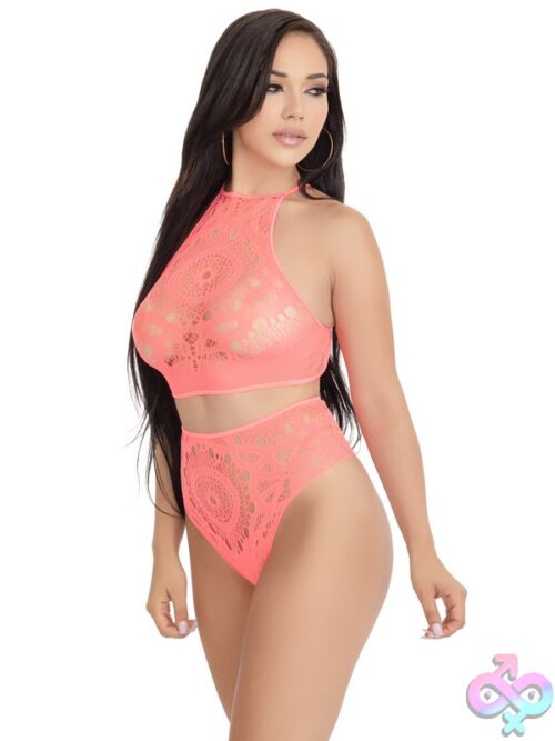 2 Piece Crochet Lace Halter Crop Top Strappy Back Detail And High Waist Thong Panties