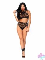2 Piece Crochet Lace Halter Crop Top Strappy Back Detail and High Waist Thong Panties