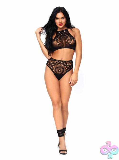 2 Piece Crochet Lace Halter Crop Top Strappy Back Detail And High Waist Thong Panties