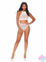 2 Piece Crochet Lace Halter Crop Top Strappy Back Detail and High Waist Thong Panties