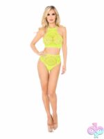 2 Piece Crochet Lace Halter Crop Top Strappy Back Detail and High Waist Thong Panties