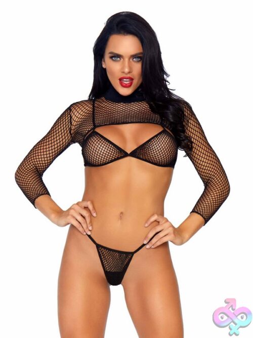 3 Piece Industrial Net Bikini Top G String Panty And Long Sleeved Crop Top