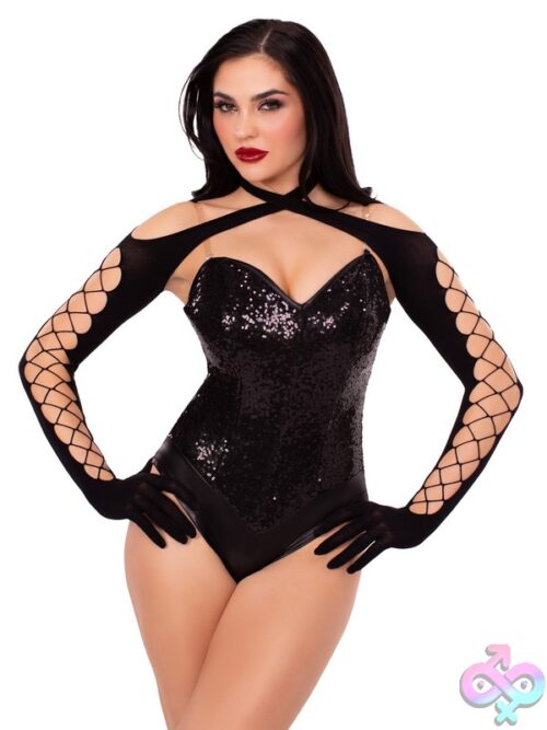 Net And Opaque Cross Over Halter Gloved Shrug