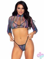 String panty and long sleeved crop top 3-piece striped fishnet set by Leg Avenue