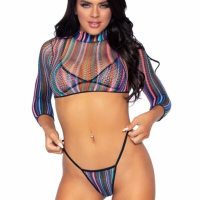 String panty and long sleeved crop top 3-piece striped fishnet set by Leg Avenue