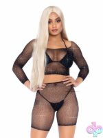 Rhinestone fishnet long sleeved crop top and biker shorts by Leg Avenue — sultry two-piece lingerie set