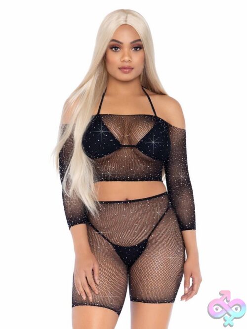 2 Piece Rhinestone Fishnet Long Sleeved Crop Top And Biker Shorts
