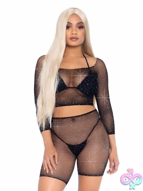 2 Piece Rhinestone Fishnet Long Sleeved Crop Top And Biker Shorts