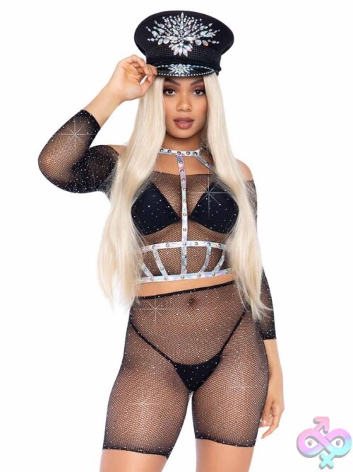 2 Piece Rhinestone Fishnet Long Sleeved Crop Top And Biker Shorts
