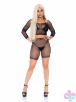 2 Piece Rhinestone Fishnet Long Sleeved Crop Top and Biker Shorts