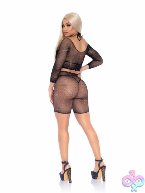 2 Piece Rhinestone Fishnet Long Sleeved Crop Top And Biker Shorts