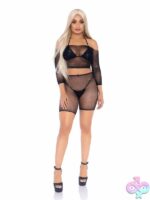 2 Piece Rhinestone Fishnet Long Sleeved Crop Top and Biker Shorts