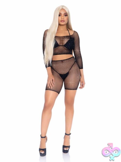 2 Piece Rhinestone Fishnet Long Sleeved Crop Top And Biker Shorts
