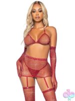 5 Piece Rhinestone Fishnet Bikini Top Garter Skirt G String Panty Gloves and Stockings