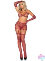 5 Piece Rhinestone Fishnet Bikini Top Garter Skirt G String Panty Gloves and Stockings