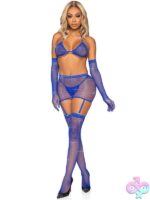 5 Piece Rhinestone Fishnet Bikini Top Garter Skirt G String Panty Gloves and Stockings