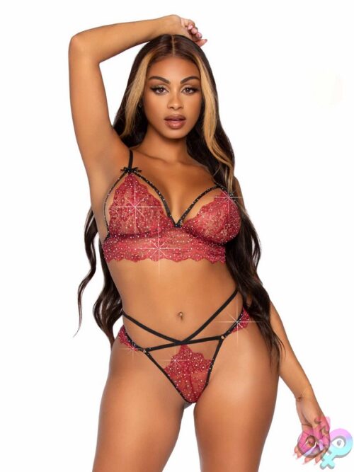 2 Piece Scalloped Lace Rhinestone Bralette Adjustable Straps And Cut Out G String Panty