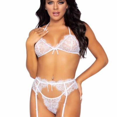 Rhinestone Eyelash Lace Bra Top Garter Belt and G String Panty 3 Piece Set by Leg Avenue