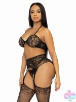 3 Piece Rhinestone Lace Bra Top G String Panty and Fishnet Garter Belt Stockings