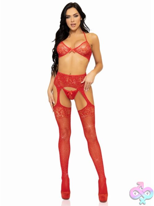 3 Piece Rhinestone Lace Bra Top G String Panty And Fishnet Garter Belt Stockings