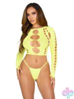 2 Piece Seamless Cut Out Long Sleeved Crop Top and G String Panty