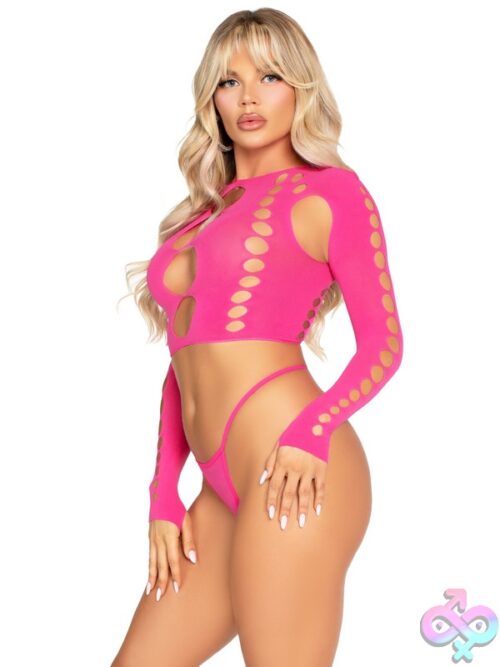 2 Piece Seamless Cut Out Long Sleeved Crop Top And G String Panty