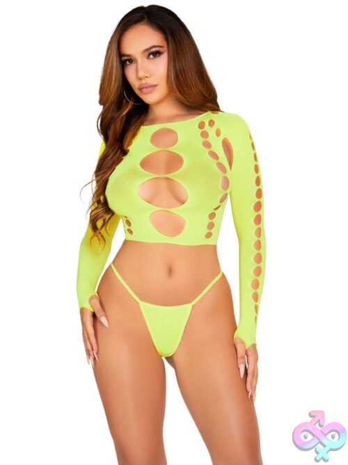 2 Piece Seamless Cut Out Long Sleeved Crop Top And G String Panty