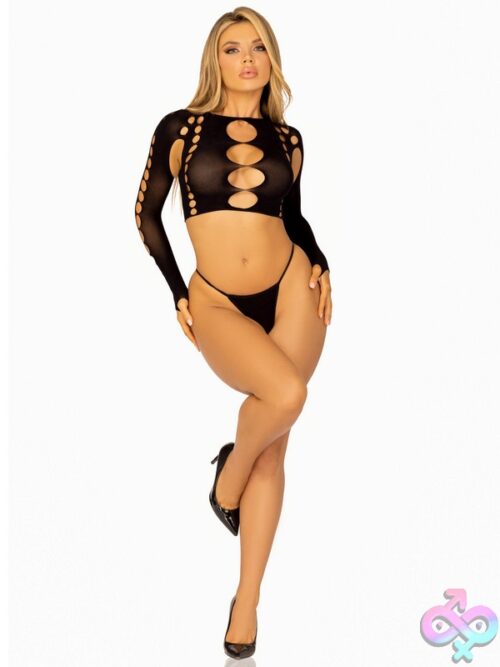 2 Piece Seamless Cut Out Long Sleeved Crop Top And G String Panty