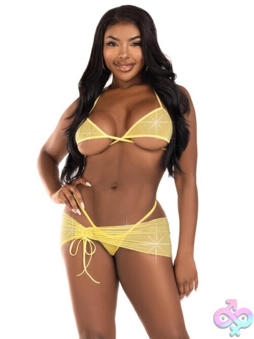 3 Piece Rhinestone Mesh Wrap Around Bra Top G String Panty And Ruched Tie Sarong