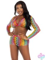 3 Piece Rainbow Hardcore Net Bra Top Shrug and Boy Shorts