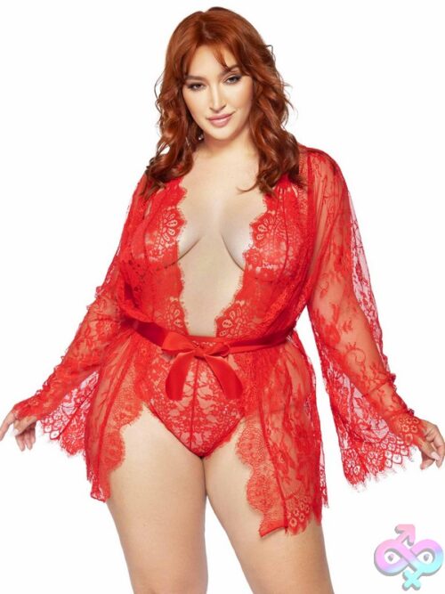 Plus Size 3 Pc Floral Lace Teddy Thong Back Lace Robe Scalloped Trim And Satin Tie
