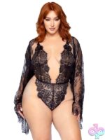 Plus Size 3 Pc Floral Lace Teddy Thong Back Lace Robe Scalloped Trim and Satin Tie
