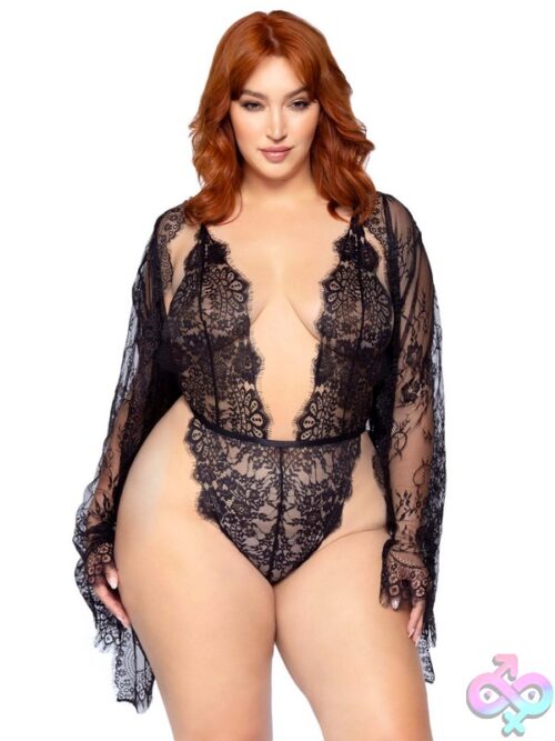 Plus Size 3 Pc Floral Lace Teddy Thong Back Lace Robe Scalloped Trim And Satin Tie